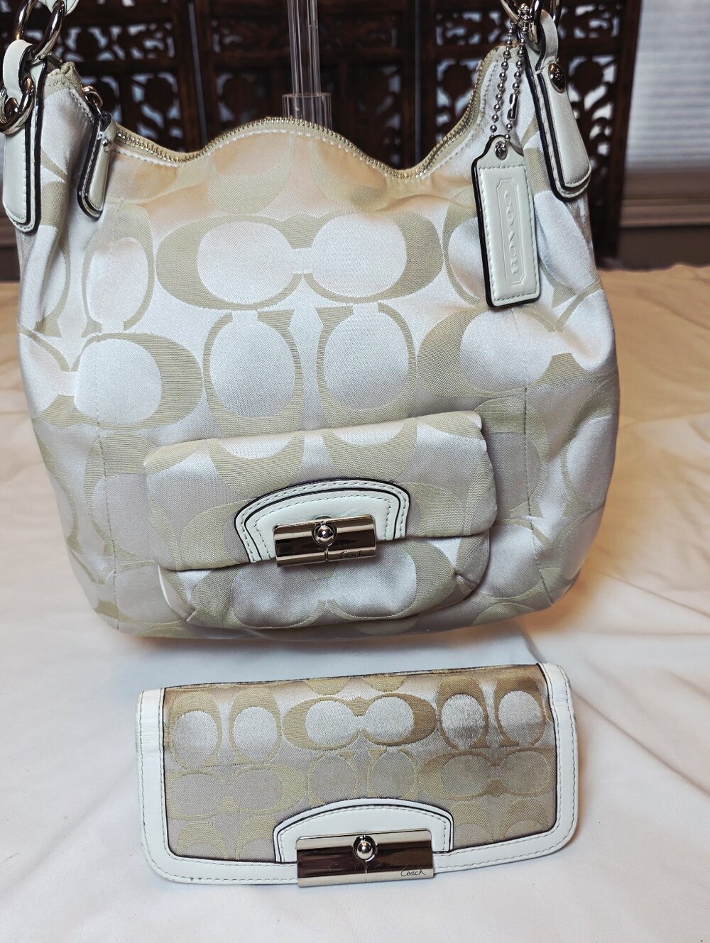 COACH Signature Hobo Bag and wallet in Light Gold/Beige, Leather shoulder strap.